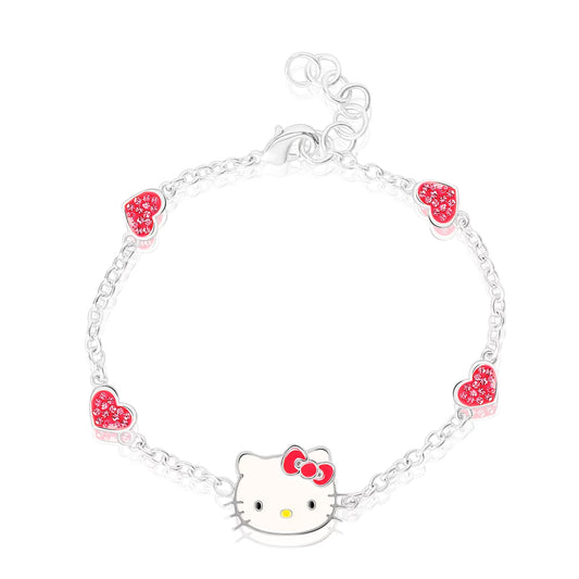 Hello Kitty Officially Licensed Silver Plated Bracelet with Flowers and Crystals - 6.5 + 1"