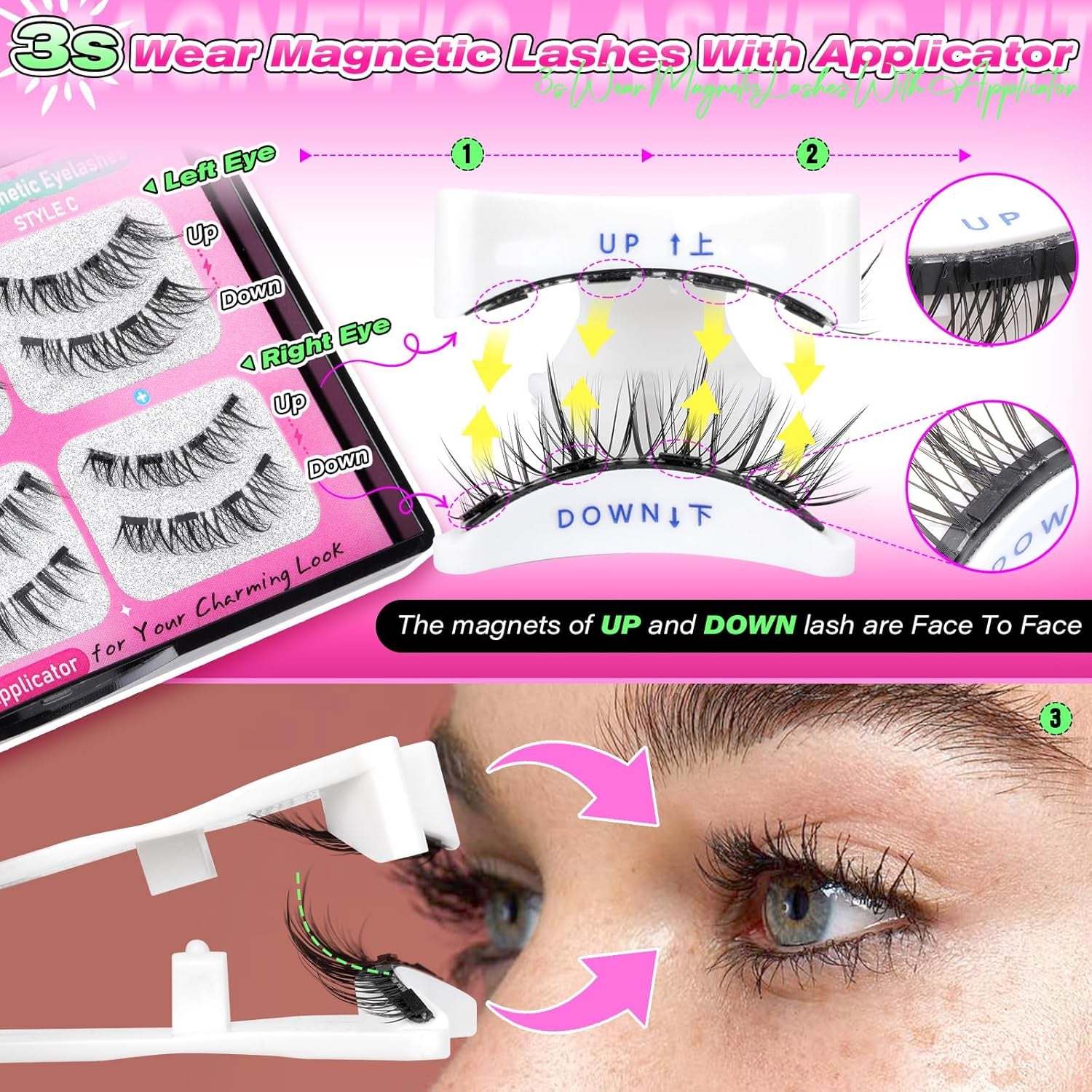 Magnetic Eyelashes without Eyeliner Magnetic Lashes with Applicator Reusable Magnetic Eyelashes Natural Look 3 Styles False Eyelashes Magnetic Lashes No Glue Needed Comfortable Wear by