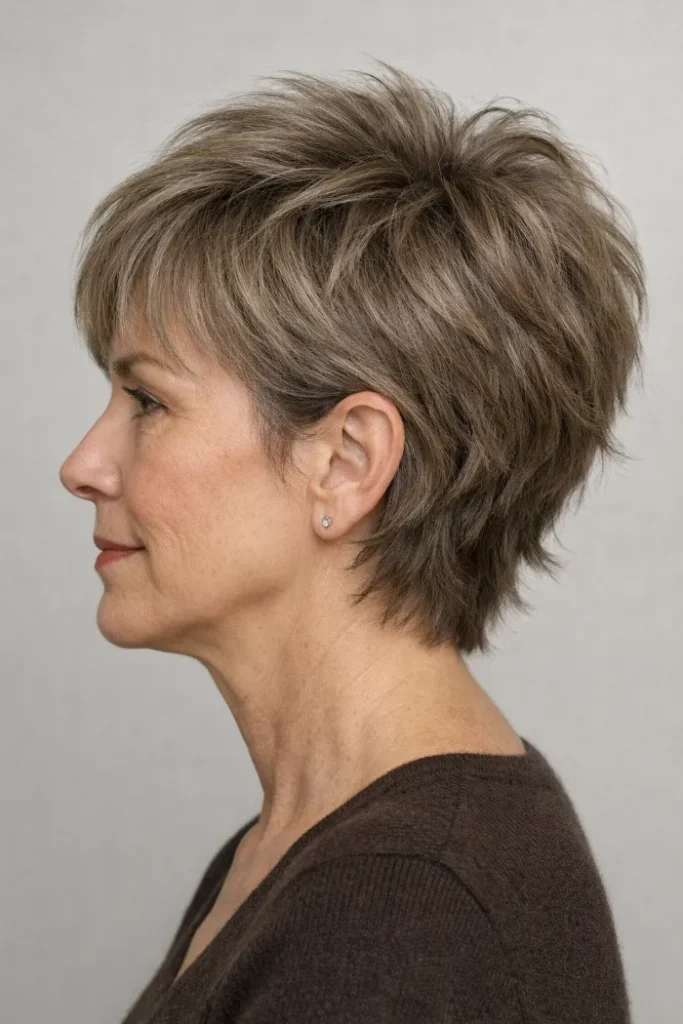 Taupe Volumized Pixie with Soft Nape Flip