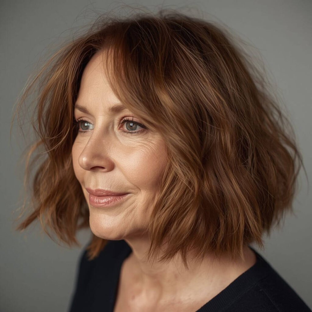 Soft Chestnut Wavy Bob with Wispy Ends