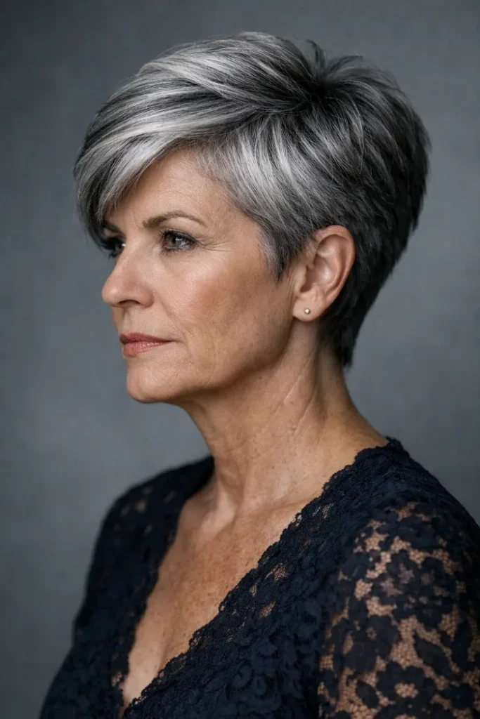 Silver Graphite Sculpted Pixie with Swept Volume