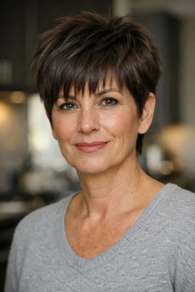 Espresso Feathered Pixie with Full Fringe