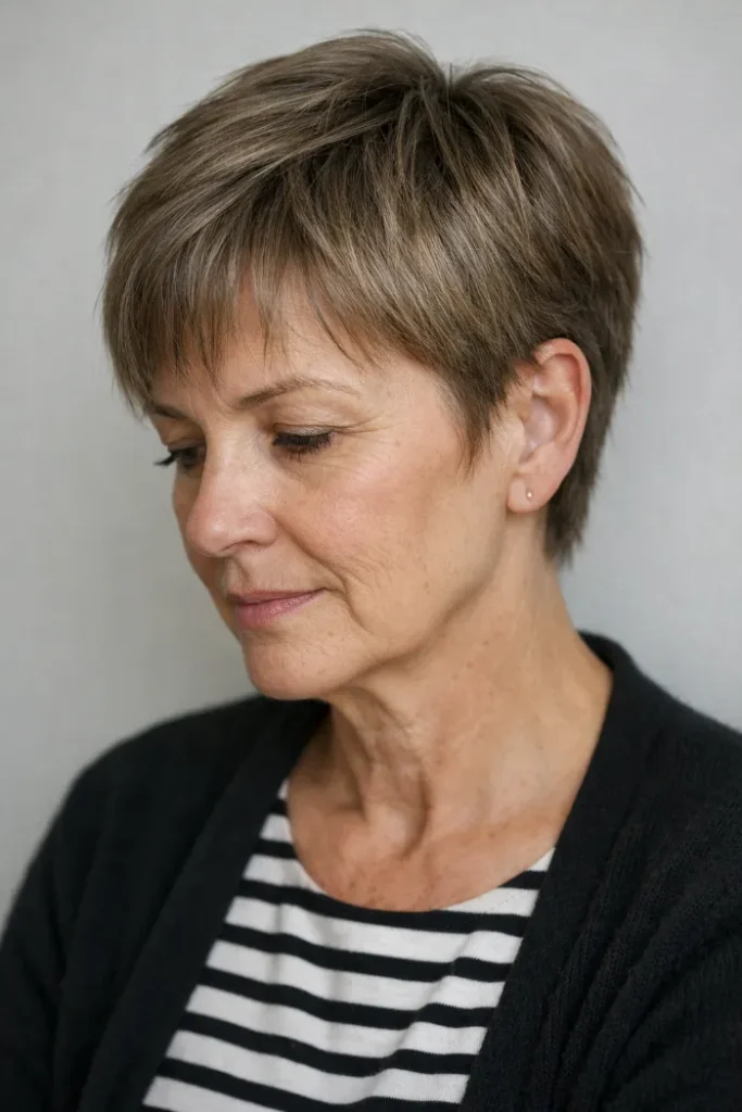 Soft Taupe Pixie Crop with Wispy Fringe