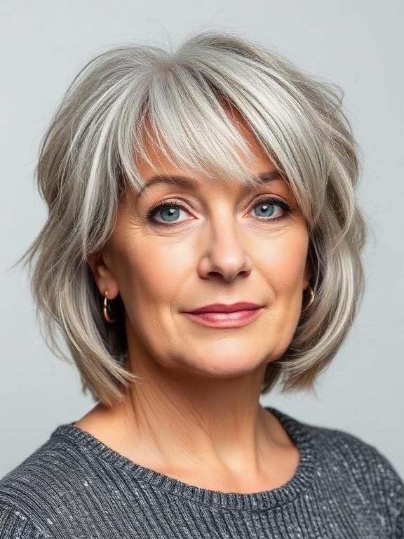 Salt and Pepper Shag with Choppy Fringe and Side Layers