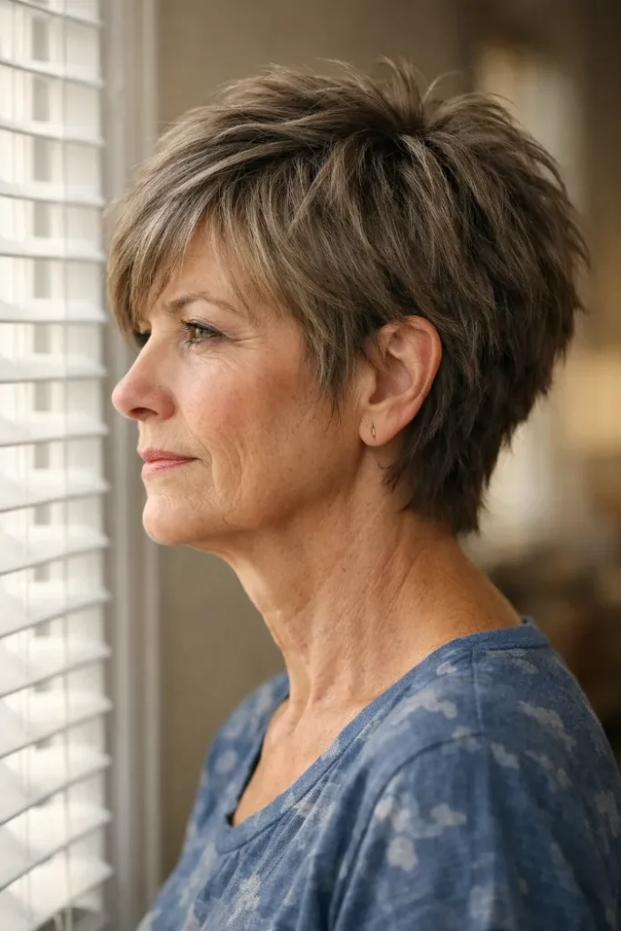 Taupe Choppy Pixie with Wispy Layers