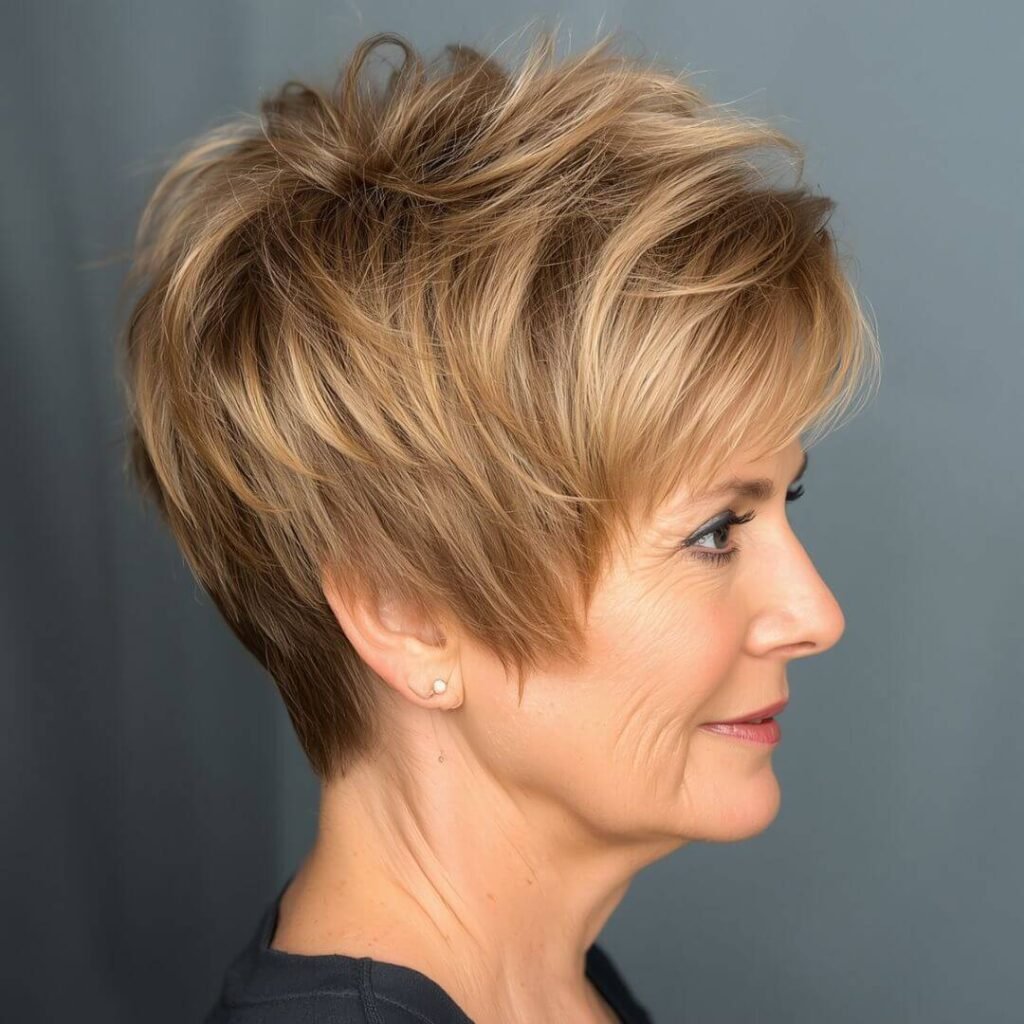 Warm Beige Pixie with Soft Crown Layers
