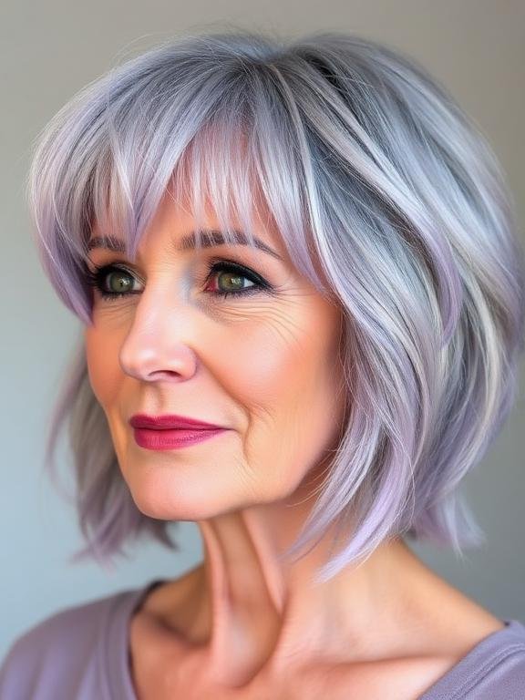 Lavender Gray Shag with Wispy Layers and Open Fringe