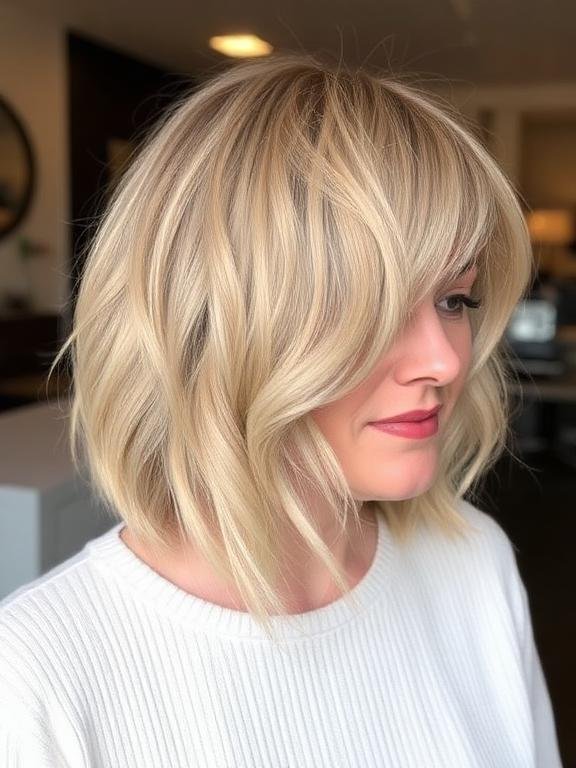 Warm Beige Bob with Curtain Bang Layers