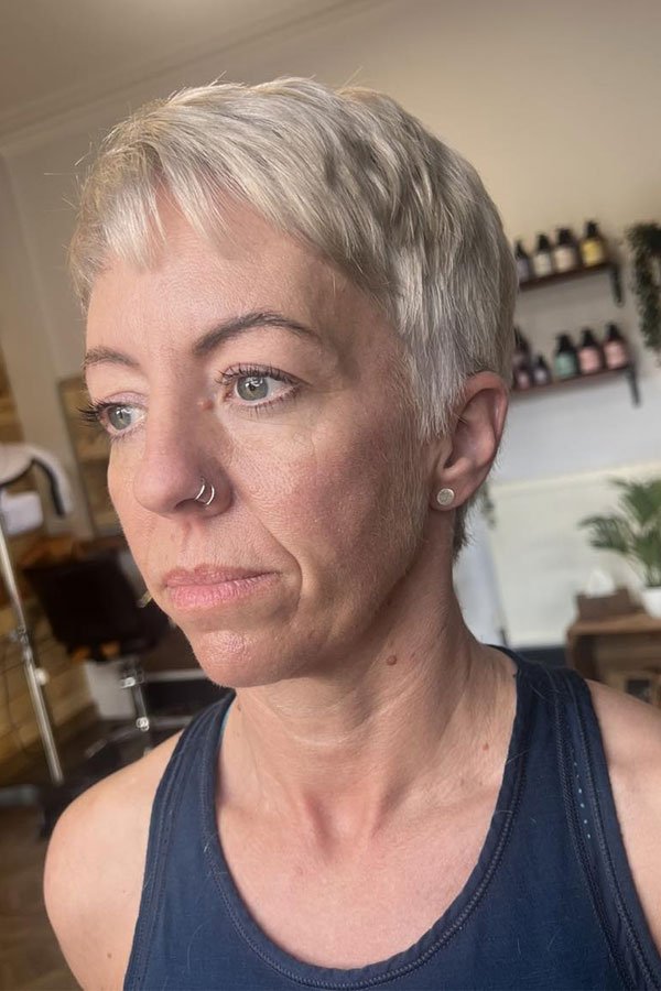 Soft Platinum Blonde Layered Pixie