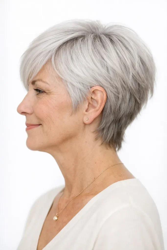 Soft Silver Layered Pixie with Tapered Nape