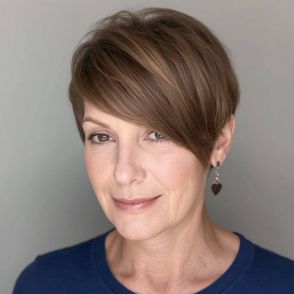 Taupe Layered Pixie with Side Sweep