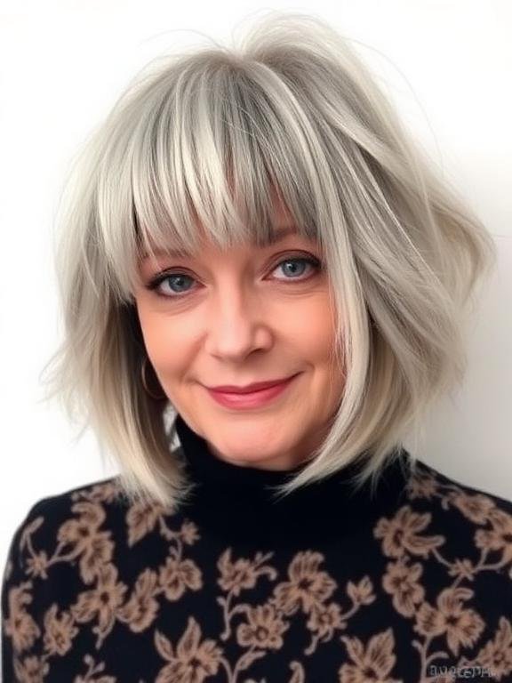  Salt-and-Pepper Shaggy Bob with Curtain Bangs